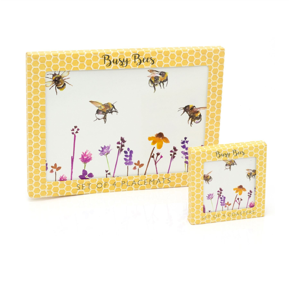 Set Of 4 Busy Bees Floral Coasters And Placemats | 8 Piece Family Dining Table Mats | Placemats And Coaster Sets 4