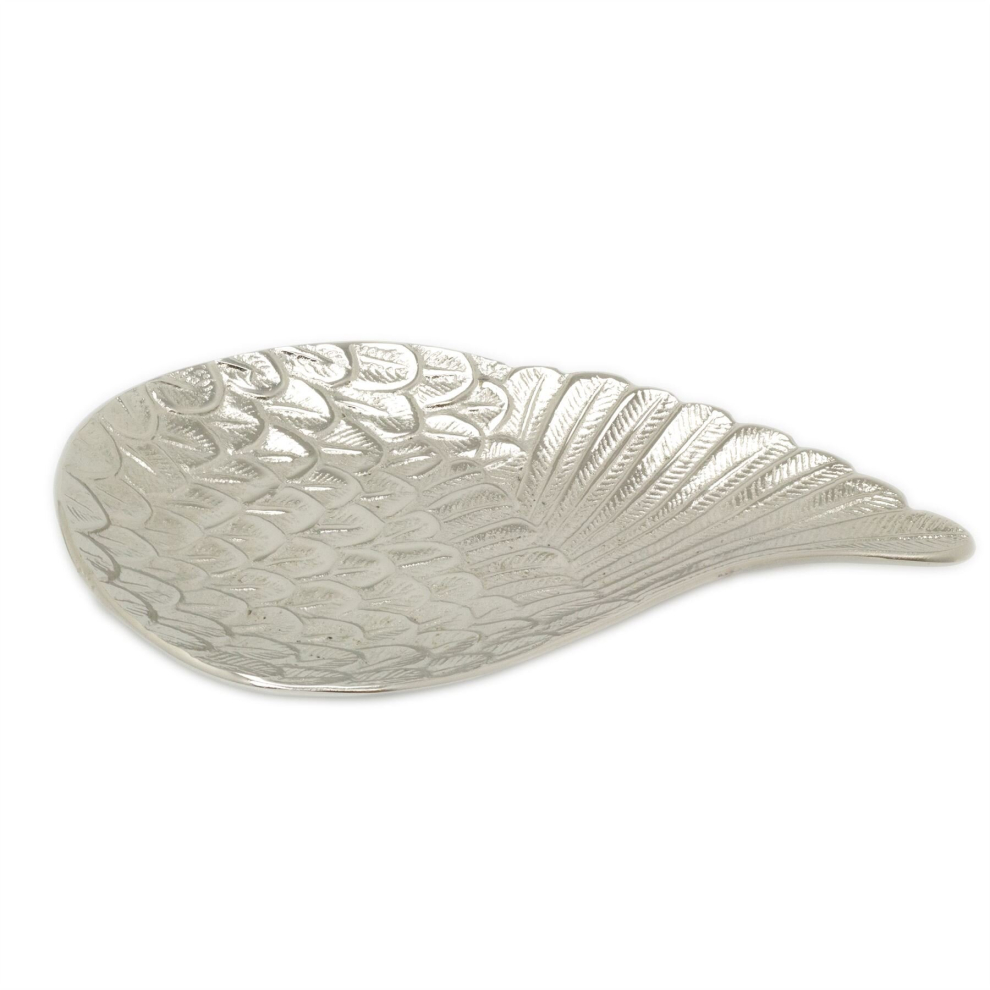 Silver Aluminium Angel Wing Decorative Dish | Silver Metal Trinket Tray Jewellery Dish Display Plate | Feather Trinket Dish Vanity Tray - Medium