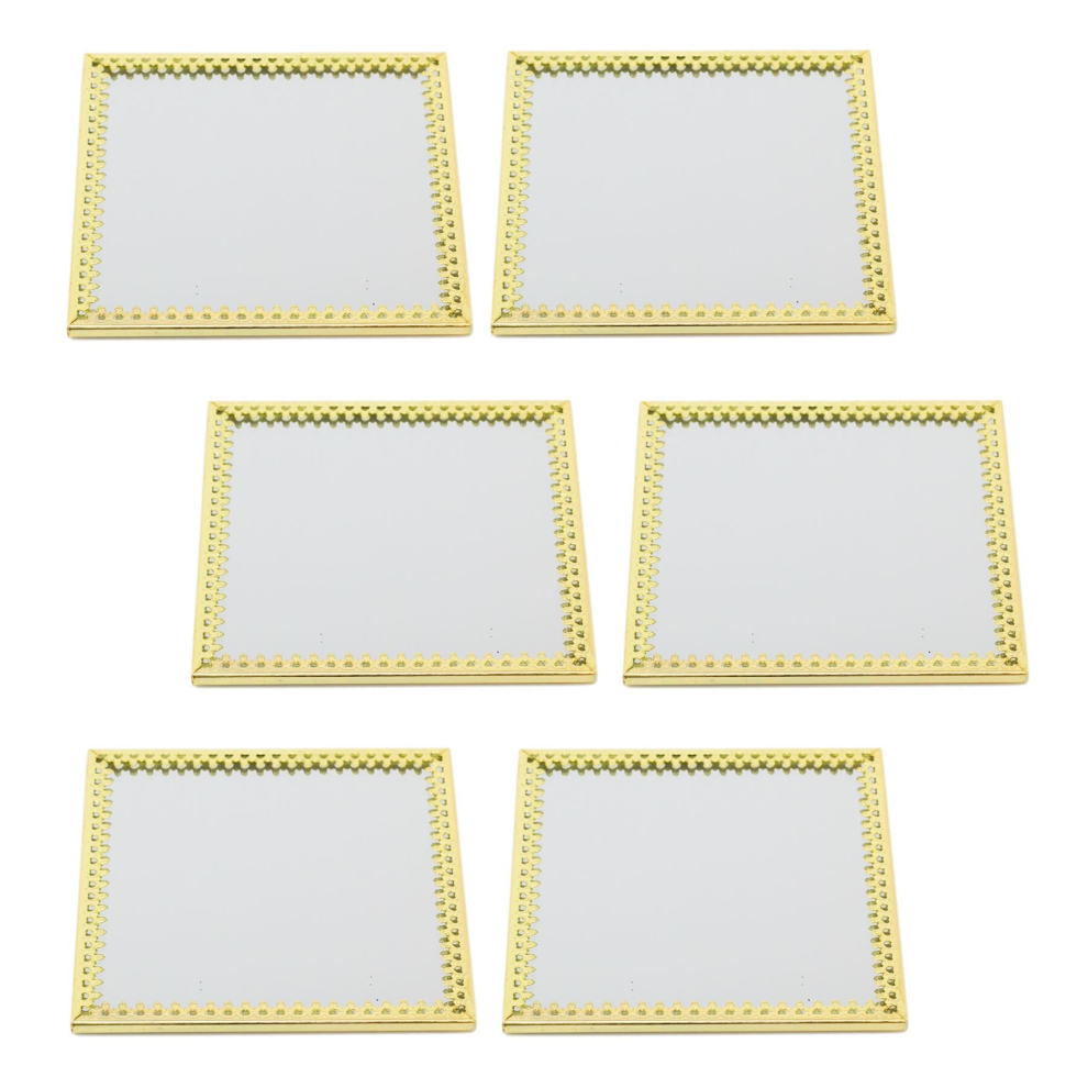 Pack Of 6 x 10cm Decorative Gold Rim Glass Mirror Candle Plate Stand | Heart Rimmed Candles Coaster Mirrored Candle Tray | Gold Glass Coaster - Square