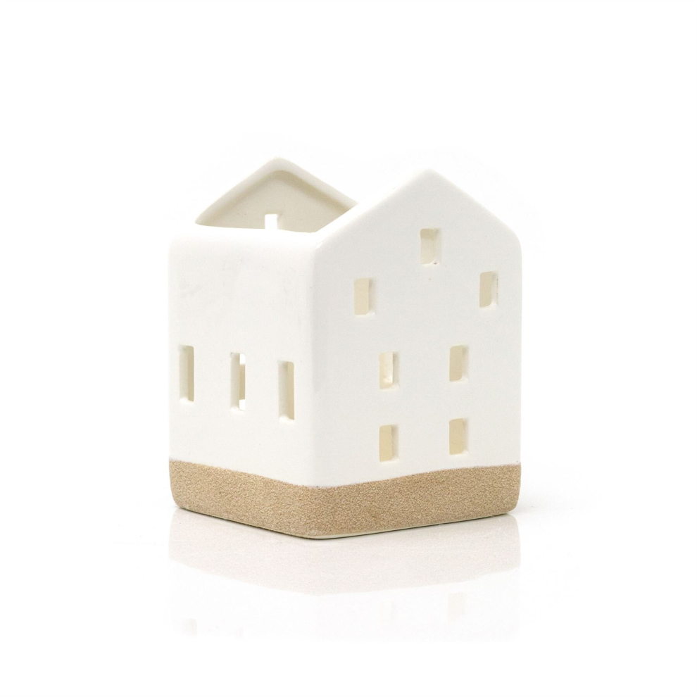 Ceramic House Shaped with Natural Base Tealight Candle Holder | Christmas Tea Light Candle Pot Decoration | Xmas Tealight Votive Holder