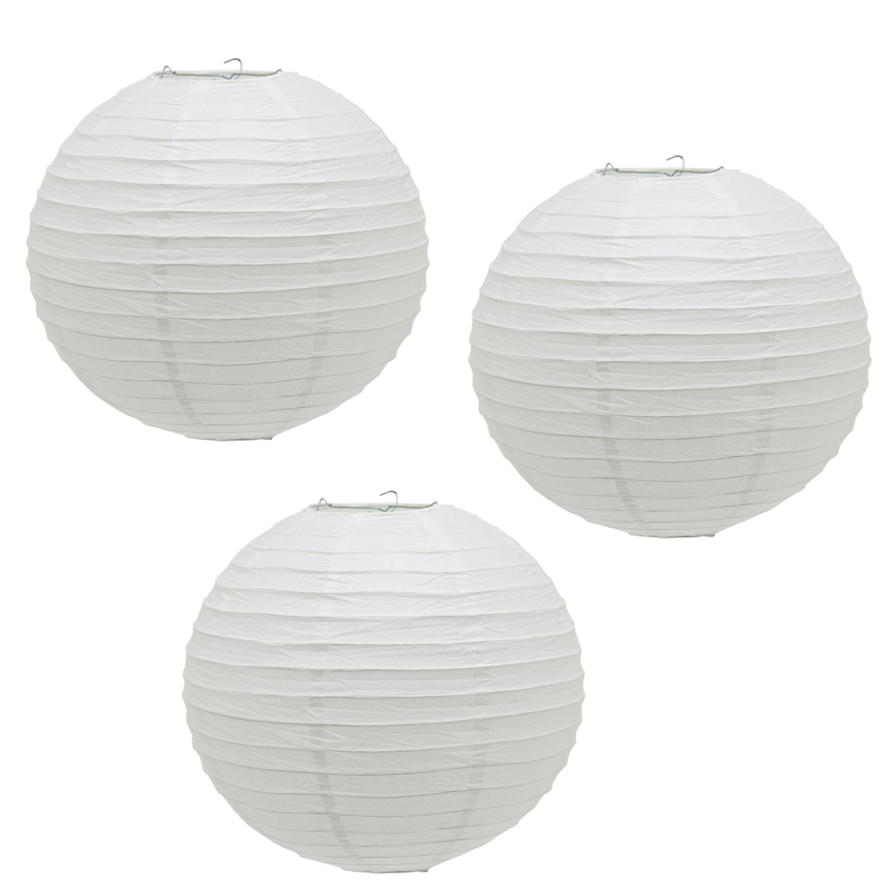 Pack of 3 x 30cm Round White Paper Light Shade Lantern | Classic Bamboo Style Ribbed Paper Lampshade | Hanging Circle Ceiling Lightshade
