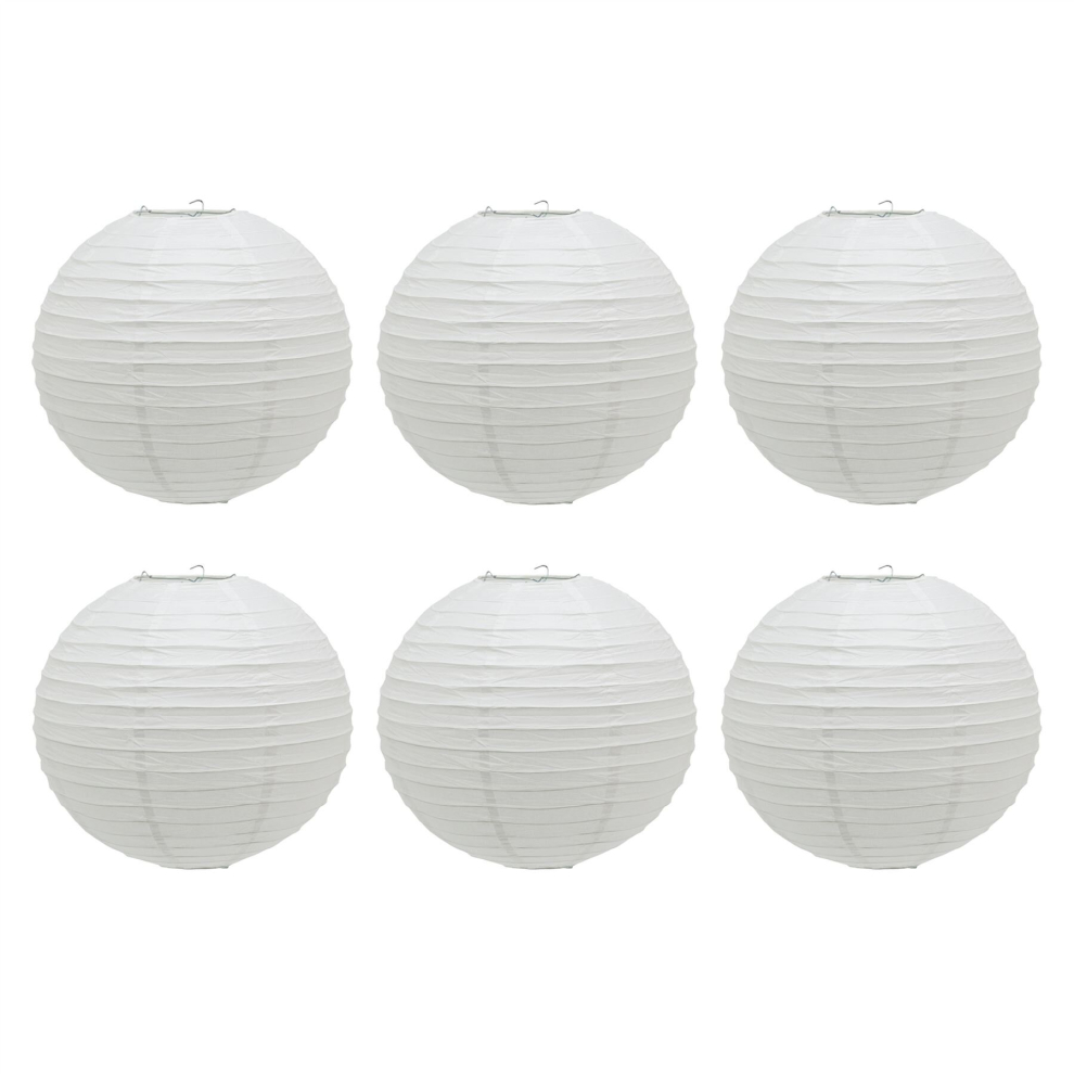 Pack of 6 x 30cm Round White Paper Light Shade Lantern | Classic Bamboo Style Ribbed Paper Lampshade | Hanging Circle Ceiling Lightshade
