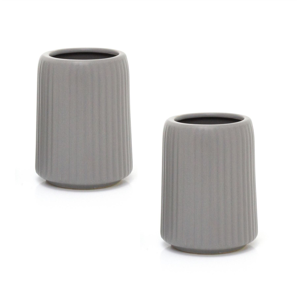 Pack Of 2 Matt Grey Ceramic Ridged Toothbrush Holder | Bathroom Caddy Toothbrush Pot Toothbrush Stand | Bathroom Tumbler Storage Cup