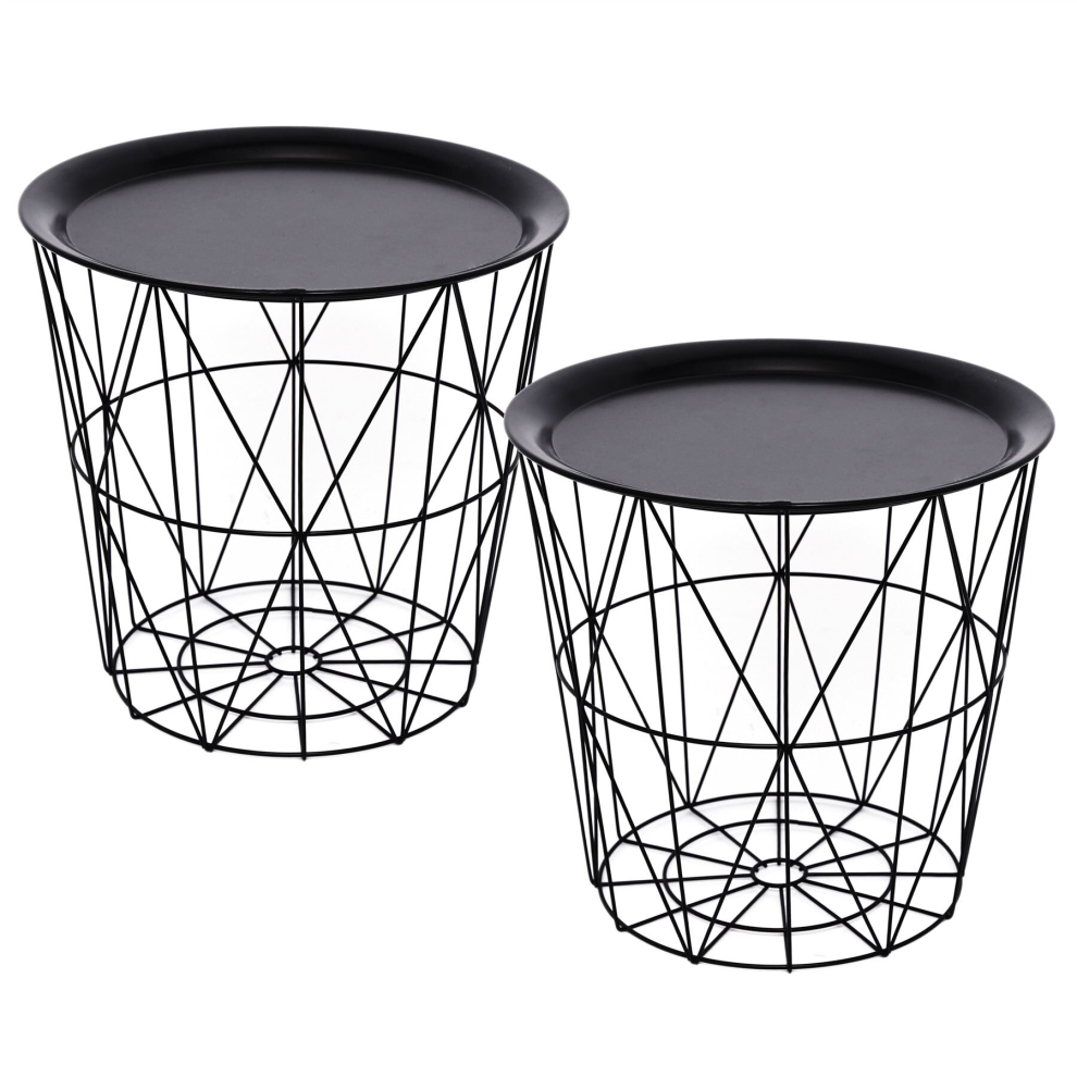 Set Of 2 Black Geometric Iron Metal Wire Storage Side Table | Basket Storage Table Living Room End Tables Coffee End Side Table With - Lift Off Tray T