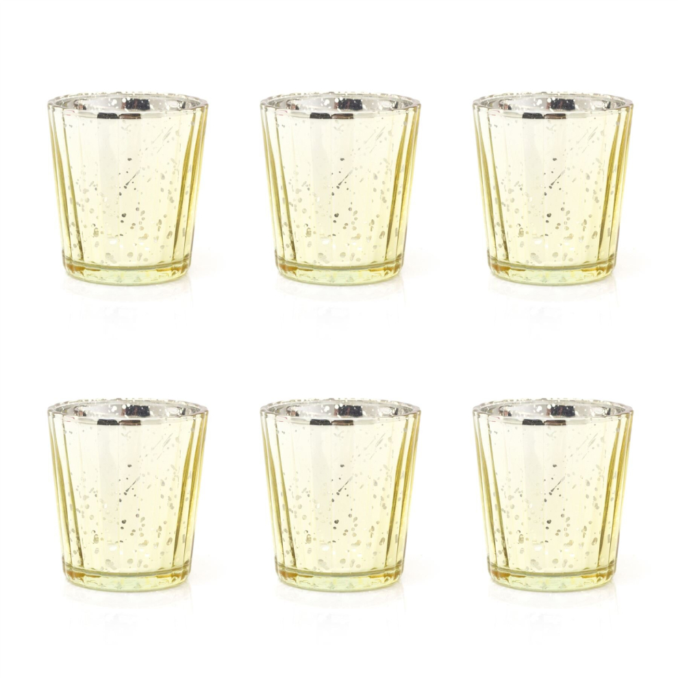 Pack Of 6 Gold Mercury Effect Glass Tealight Holder | Round Gold Speckled Tealight Holder | Ribbed Glass Votive Candle Holder Candle Pot