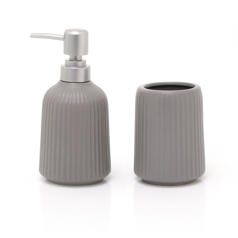 Grey Ceramic Tumbler & Soap Dispenser | Contemporary Ceramic Bathroom Set | 2 Piece Bathroom Organiser with Toothbrush Holder Lotion Soap Dispenser