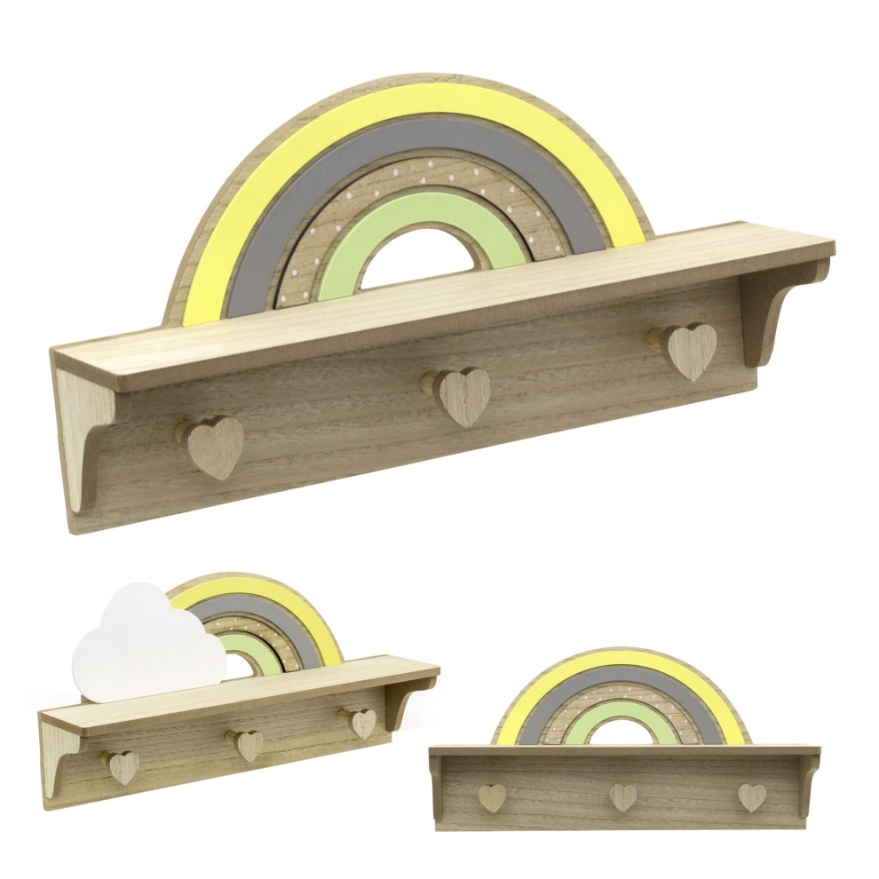 Childrens Wooden Rainbow Shaped Wall Shelf With 3 Heart Shaped Hooks | Baby Nursery Shelf Kids Floating Shelf | Childs Bedroom Nursery Decor - Design