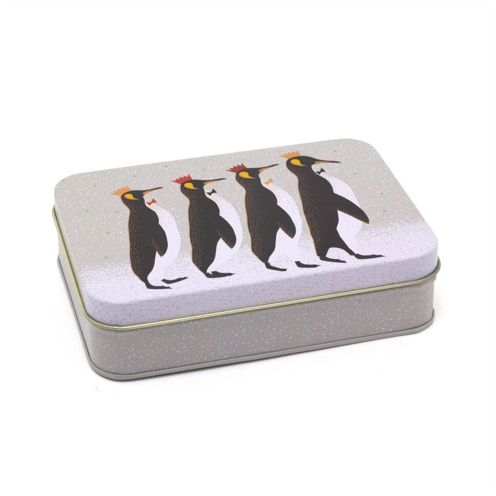 Sara Miller Christmas Penguin Small Rectangular Tin | Penguin Trinket Box Storage Pot Keepsake Tin Box | Decorative Tin Trinket Tin