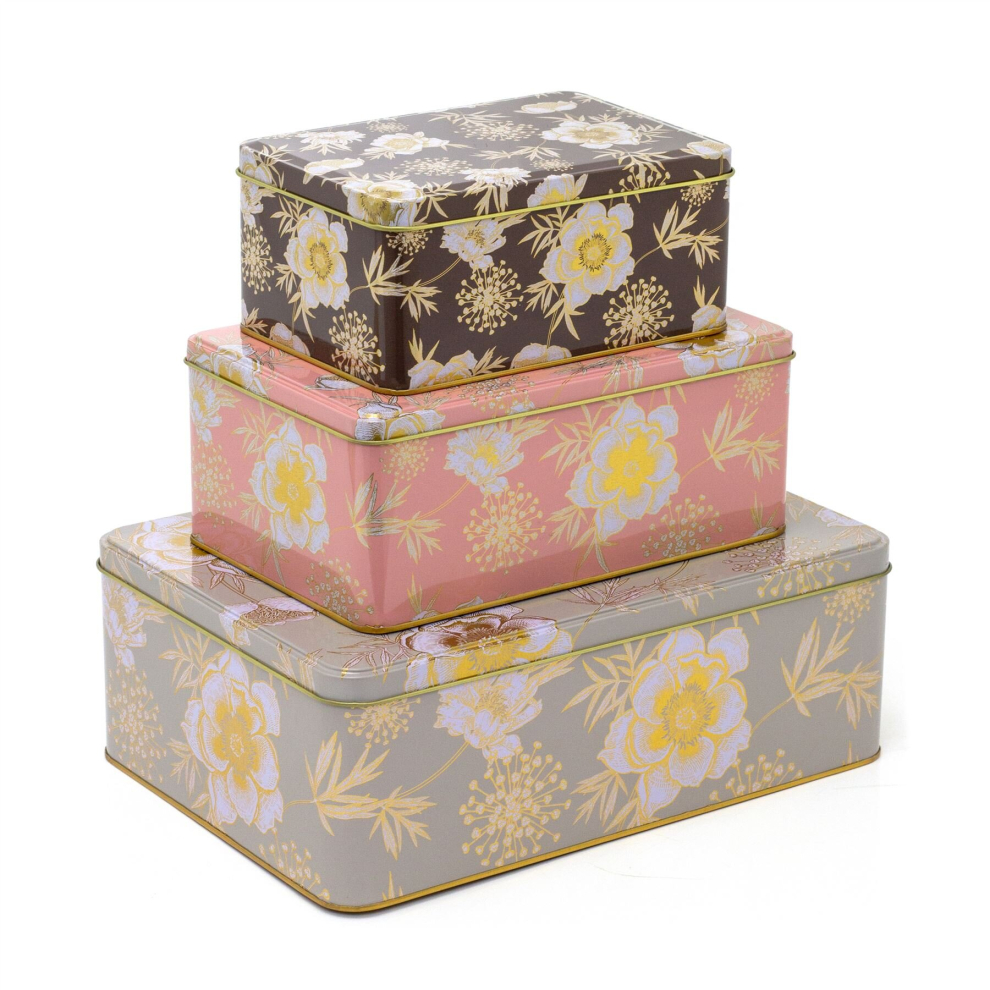 Set Of 3 Rectangle Floral Design Nesting Cookie Tins | 3 Piece Fairy Cake Biscuit Cookie Muffin Treat Storage Tin Trio | Triple Small Cake Storage Dis