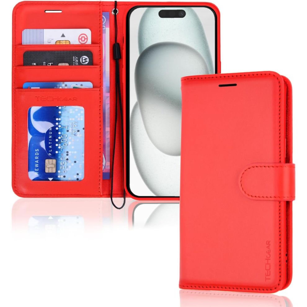 Apple iPhone 15 Leather Wallet Case, Flip Protective Case Cover with Wallet Card Holder, Stand and Wrist Strap PU Leather Case with Magnetic Closure