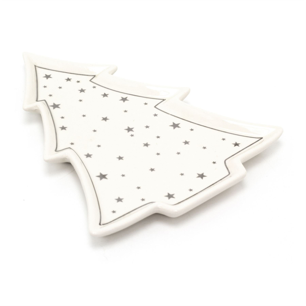 Carousel 26Cm Christmas Tree Trinket Dish | Ceramic Tree-Shaped Trinket Tray | Festive Jewellery Dish Decorative Plate White