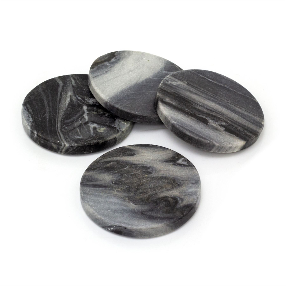 Set Of 4 Round Black Marble Coasters | Natural Stone Marble Coaster Set | 4 Piece Drinks Coasters Cup Mug Table Mats