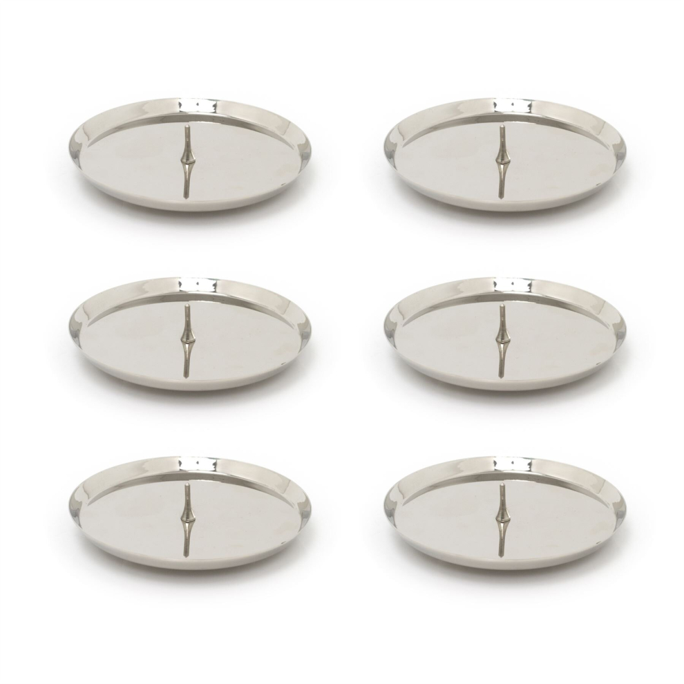 Set of 6 Contemporary Silver Metal Pillar Candle Holder | Church Pillar Candle Plate With Spike | Round Silver Candle Stand Modern Candle Holders - 10