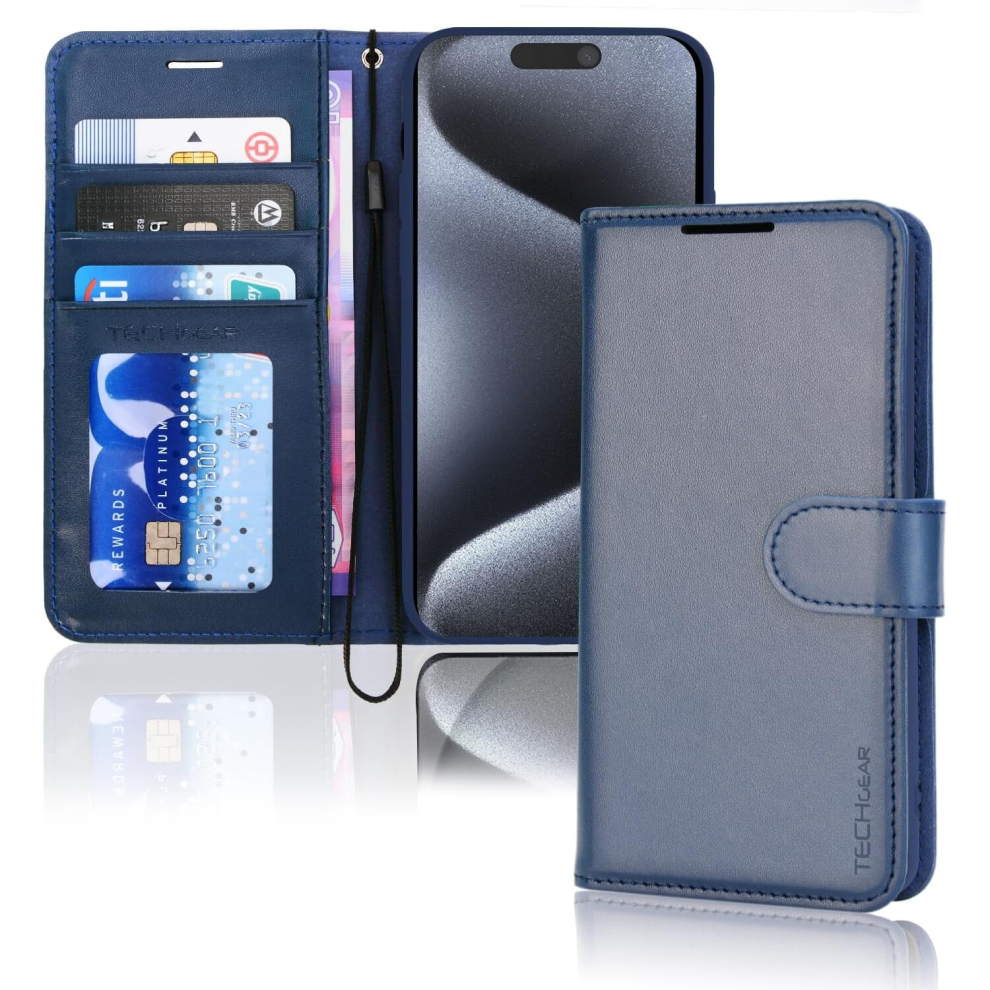 Apple iPhone 15 Pro Leather Wallet Case, Flip Protective Case Cover with Wallet Card Holder, Stand and Wrist Strap - PU Leather with Magnetic Closure