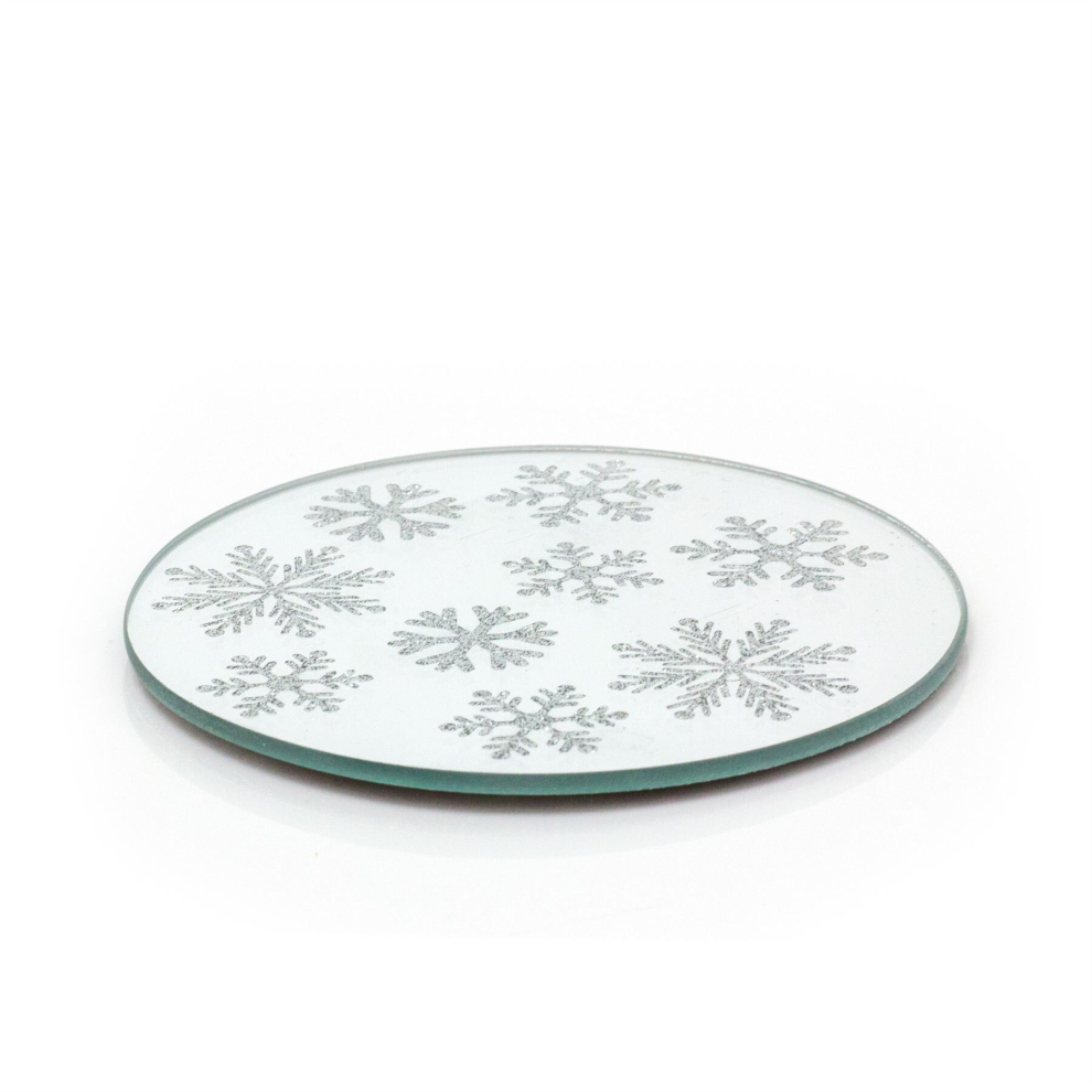 Snowflake Silver Mirrored Glass Coaster | Round Mirror Glass Display Candle Plate Stand | Candles Coaster Mirrored Candle Tray - 10cm