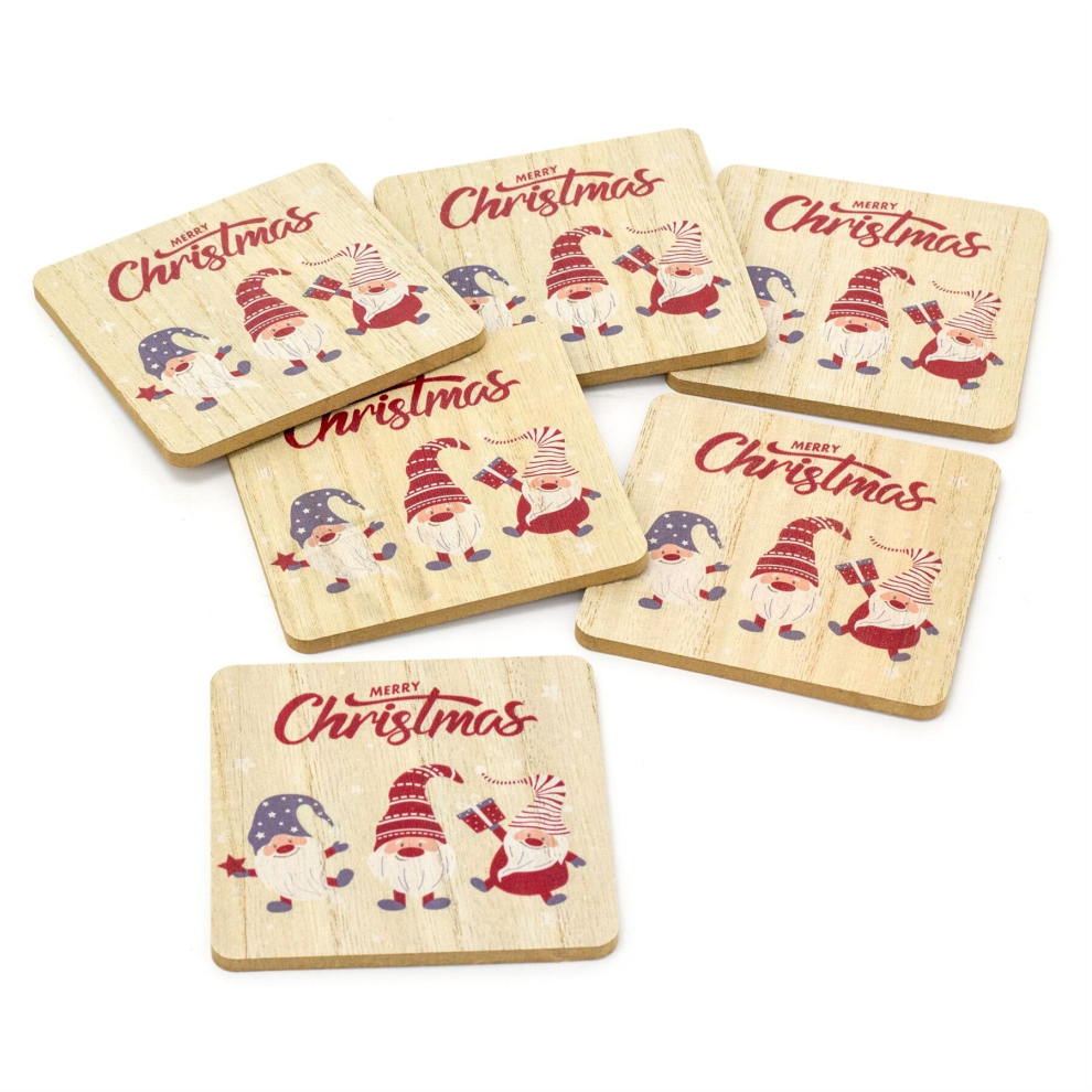 Set Of 6 Christmas Gonk Coasters | 6 Wooden Merry Christmas Coaster And Holder | Drinks Coasters Table Mats