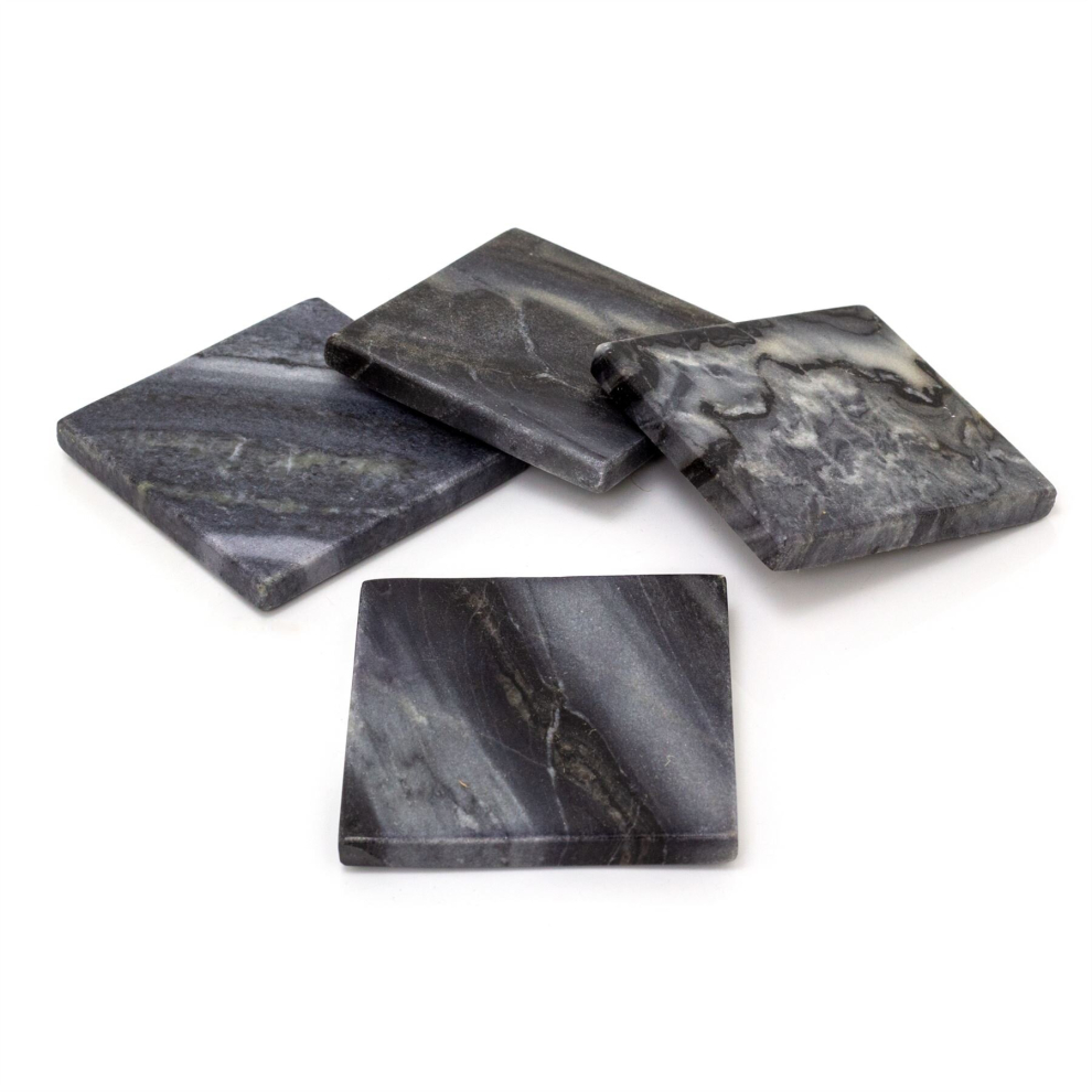 Set Of 4 Square Black Marble Coasters | Natural Stone Marble Coaster Set | 4 Piece Drinks Coasters Cup Mug Table Mats