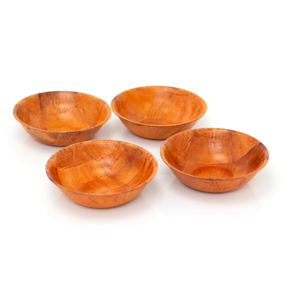 Carousel Set Of 4 Round Wooden Woven Bowls | Wood Kitchen Bowls Woven Wood Snack Bowls | 4 Piece Rustic Serving Bowl Set - 15Cm