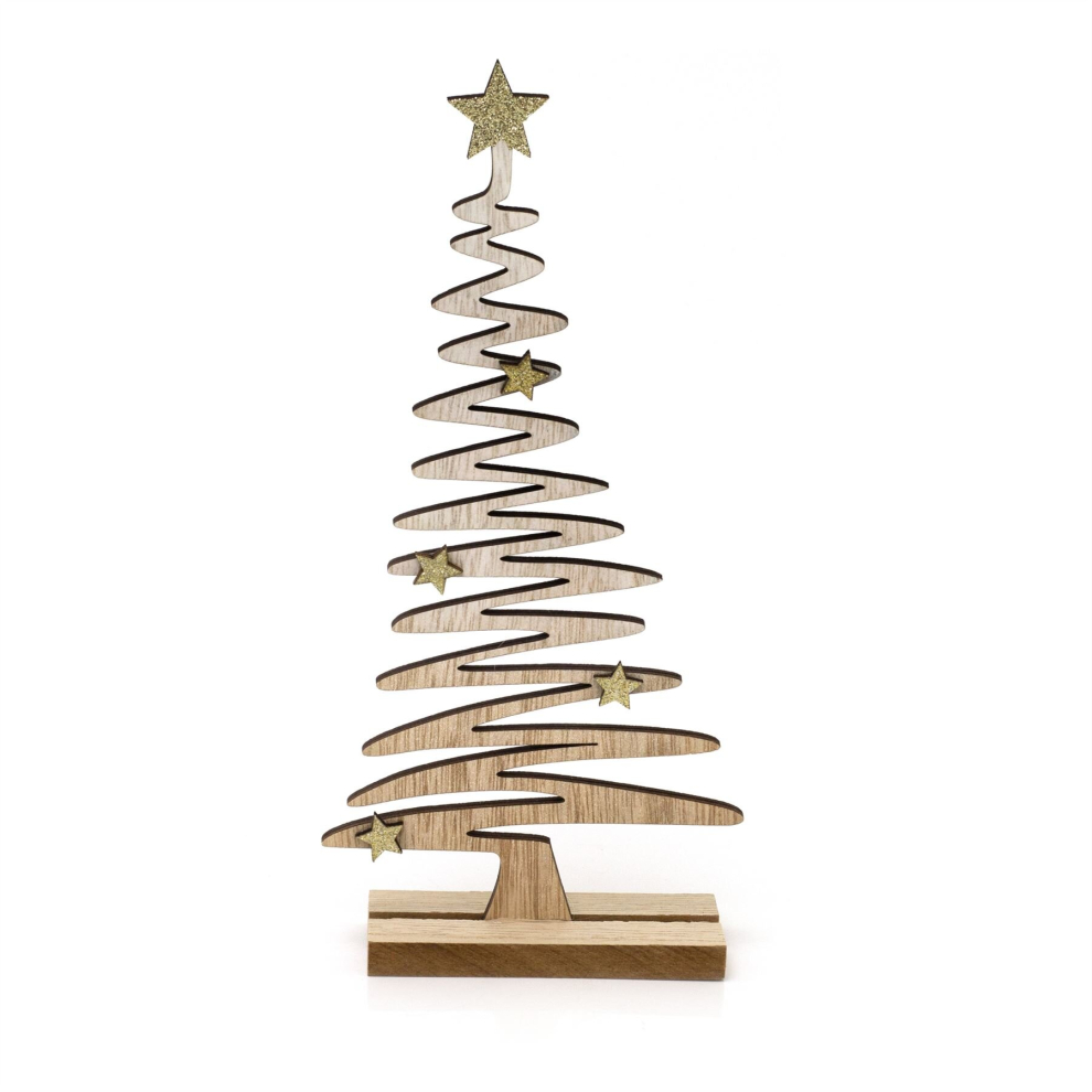 Rustic Wooden Christmas Tree On Stand | Handcrafted Xmas Tree Silhouette Ornament | Freestanding Christmas Decoration - 23cm