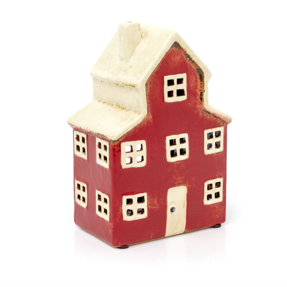 Ceramic Red House Tealight Votive Holder | Country Farmhouse Tea Light Candle Holder | Pottery House Ornament