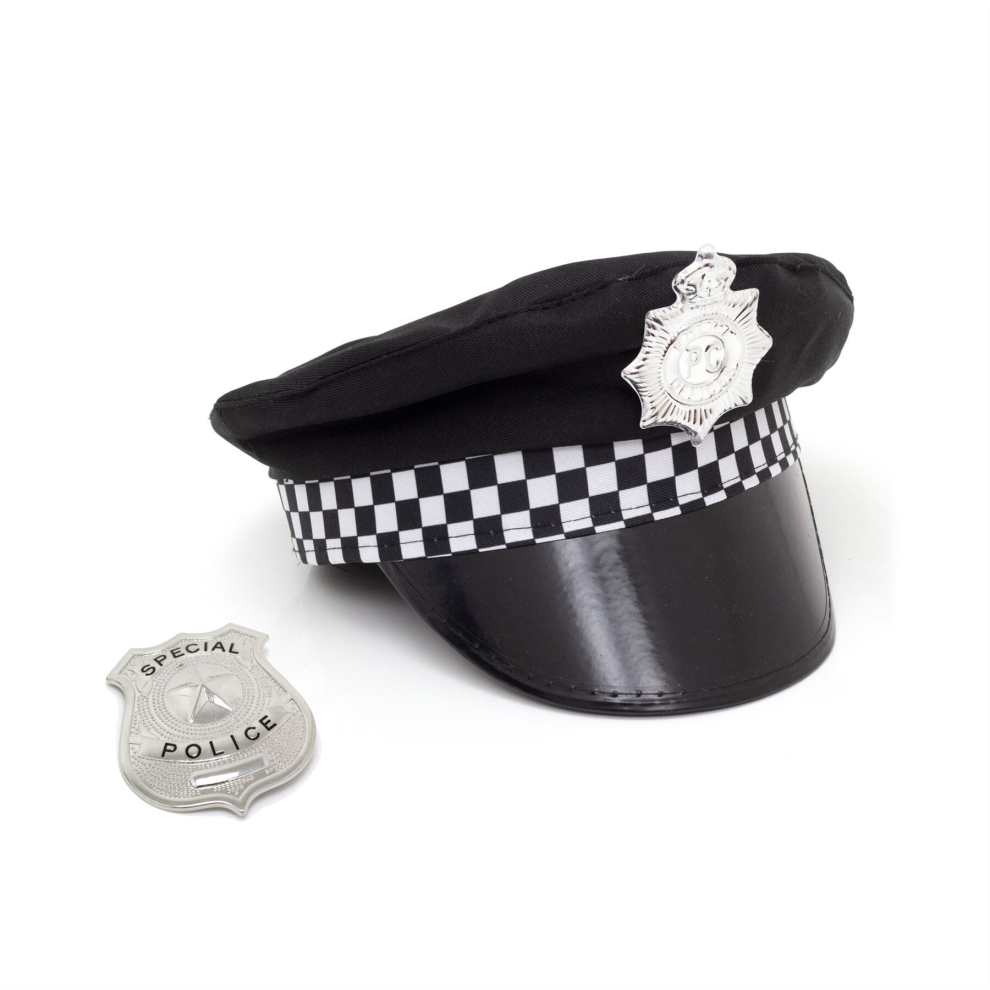 Adult Unisex Police Officer Hat And Badge Set | Fancy Dress Police Cap With Checked Band And Badge | Police Hat & Badge Police Costume Accessory