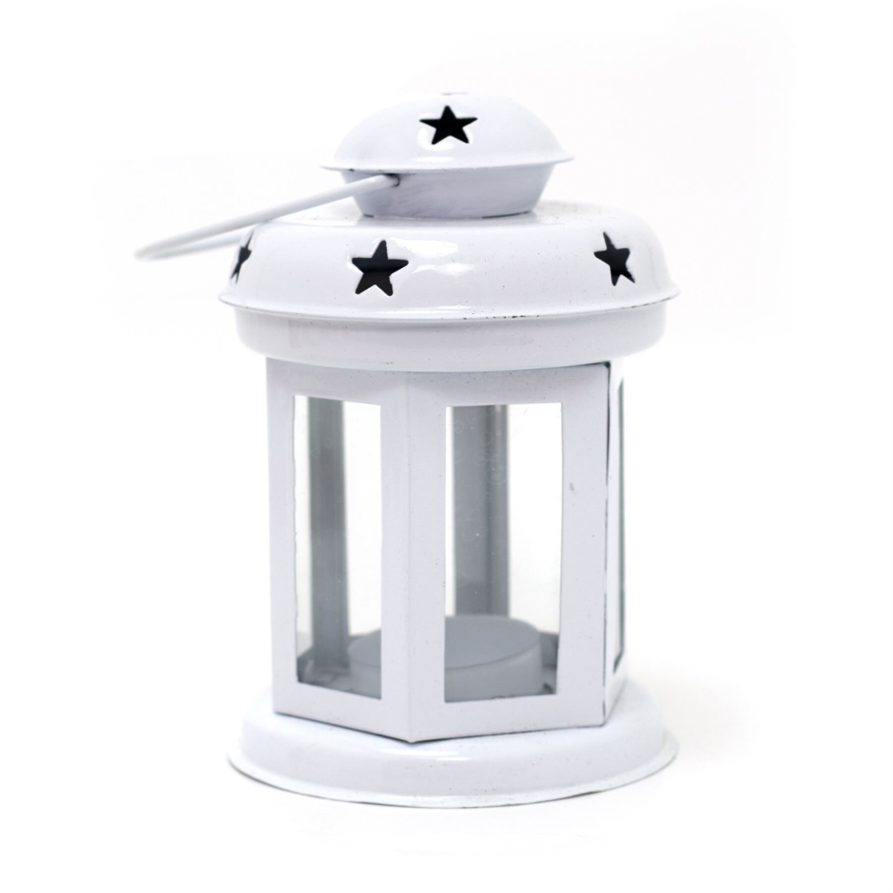 White Moroccan Style Metal Lantern Tealight Holder | Hanging Outdoor Indoor Tea Light Candle Lantern | Star Tealight Candle Holder - 14cm