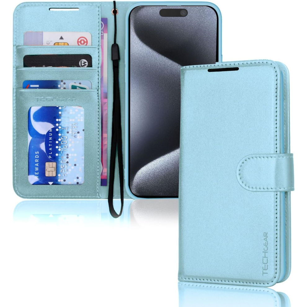 Apple iPhone 15 Pro Leather Wallet Case, Flip Protective Case Cover with Wallet Card Holder, Stand and Wrist Strap - PU Leather with Magnetic Closure