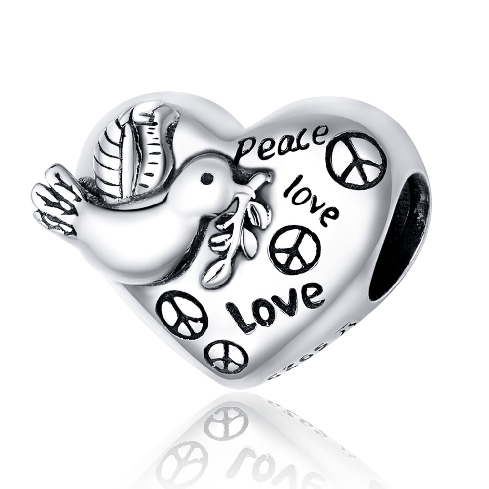 925 Sterling Silver Love and Peace Pigeon Charm Bead Fits Charm Bracelet Pendant