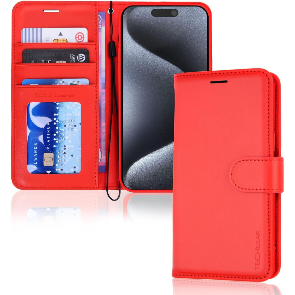 Apple iPhone 15 Pro Leather Wallet Case, Flip Protective Case Cover with Wallet Card Holder, Stand and Wrist Strap - PU Leather with Magnetic Closure