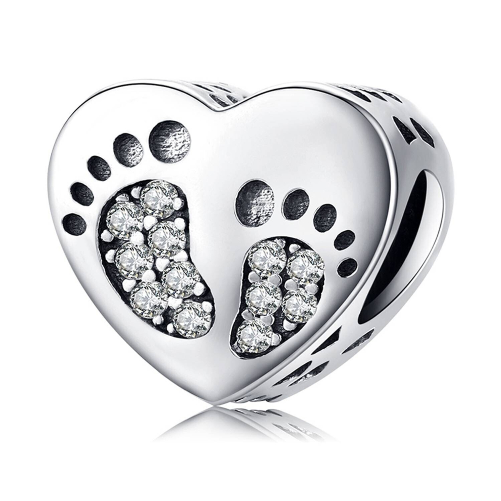 925 Sterling Silver Heart Footprint Charm Bead Fits European Charm Bracelet