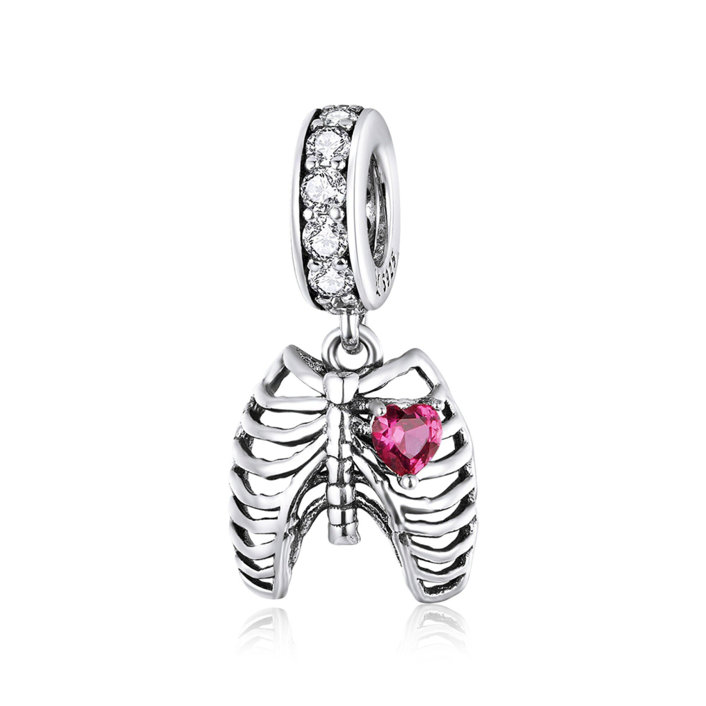 925 Sterling Silver Ribs and Heart Charm Bead Fits Charm Bracelet Pendant