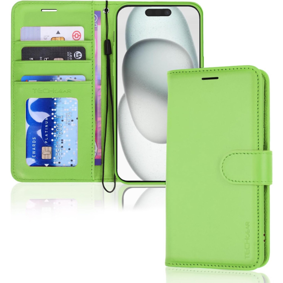 Techgear Apple Iphone 15 Leather Wallet Case, Flip Protective Case Cover With Wallet Card Holder, Stand And Wrist Strap Pu Leather Case With Magnetic Closure