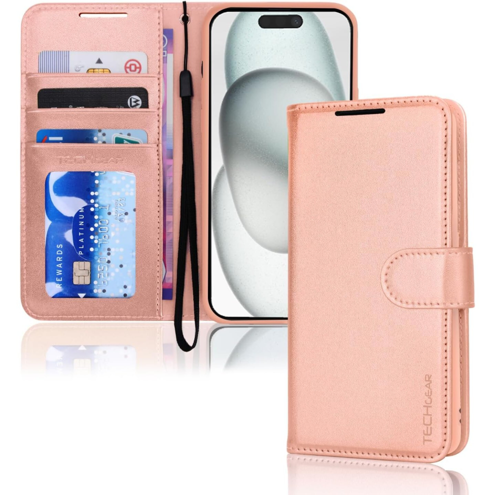 Apple iPhone 15 Leather Wallet Case, Flip Protective Case Cover with Wallet Card Holder, Stand and Wrist Strap PU Leather Case with Magnetic Closure