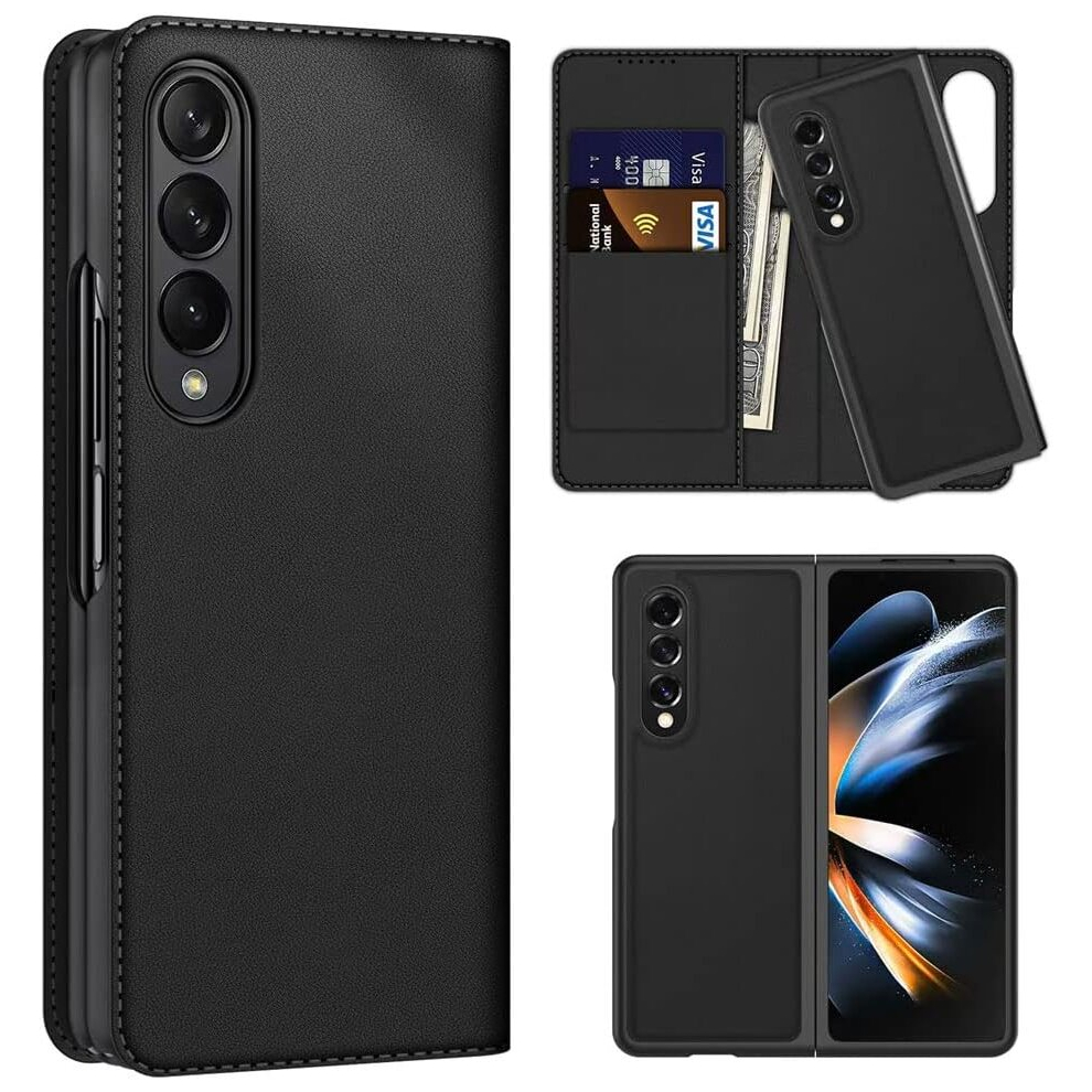 Galaxy Z Fold 5 Leather Wallet Case, Detachable Magnetic 2in1 Case with Screen Frame, Card Wallet & Stand - Black PU Leather for Samsung Z Fold 5