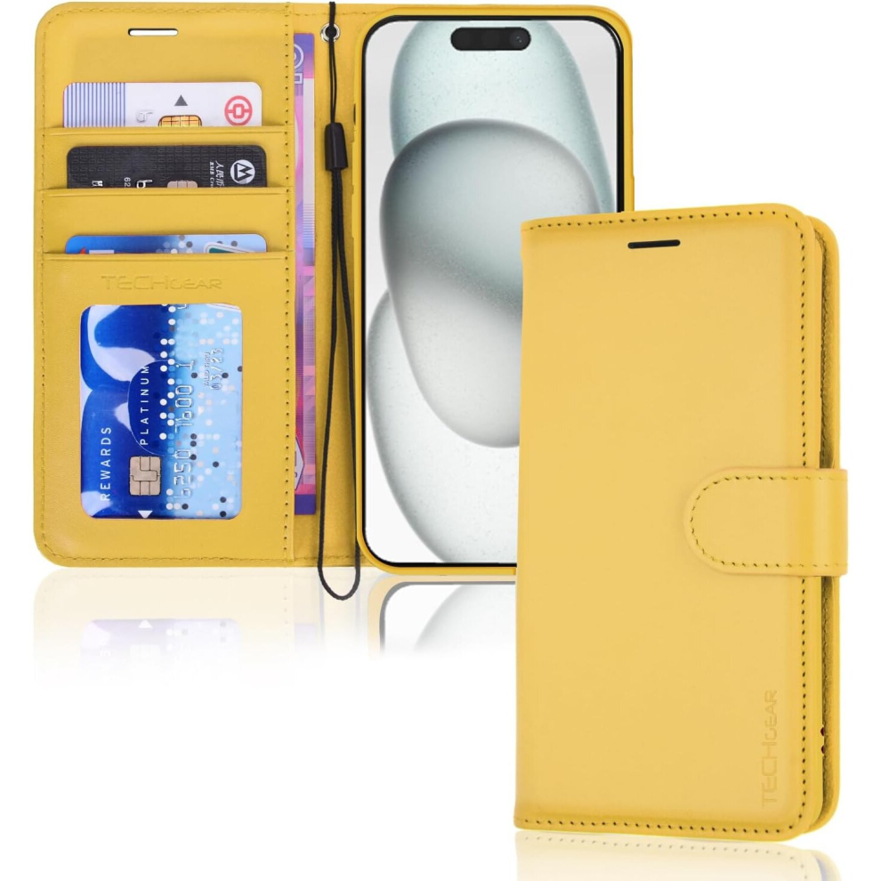 Techgear Apple Iphone 15 Leather Wallet Case, Flip Protective Case Cover With Wallet Card Holder, Stand And Wrist Strap Pu Leather Case With Magnetic Closure