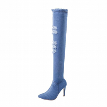 Women Denim Over The Knee Boots High Heels Ripped Jeans Fetish Long High Thigh Boots Stiletto Stripper Cowboy Shoes