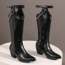 Girl Street Leather Motorcycle Knee High Boots Womens Middle Heel Punk Gothic Shoes Botas