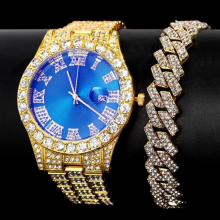 Hip Hop Women Men Iced Out Watch Bracelet Bling Full Rhinestones Cuban Link Chain Bracelet Watch Set Rock Rapper Jewelry