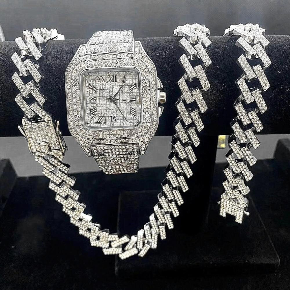 3PCS Iced Out Watches for Men Watch Quartz 15mm Cuban Link Chain Bracelet Necklace Diamond Jewelry for Men Watch Man Reloj