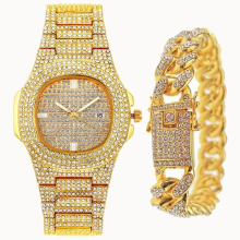 Watches +bracelets for Men Women Iced Out Watch Cuban Chain Rhinestone Bling Mens Watch Set Religio Masculino
