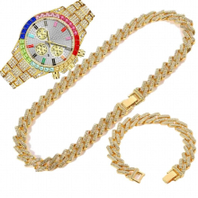 Hip Hop Mens Watch Women Jewelry Set Iced Out Watches Colour Necklaces Bracelet Bling Bling Diamond Cuban Chains Choker