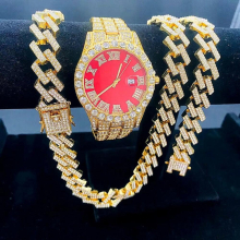 3PCS Iced Out Watches for Men Diamond Watch 15mm Cuban Link Chains Bracelet + Necklaces Jewelry Watch Men Religio Masculino
