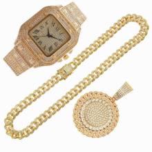 2PCS Iced Out Watches Necklaces for Men Bling Cubana Link Chains Pendant Wristwatch Calendar Diamond Jewelry Set for Male