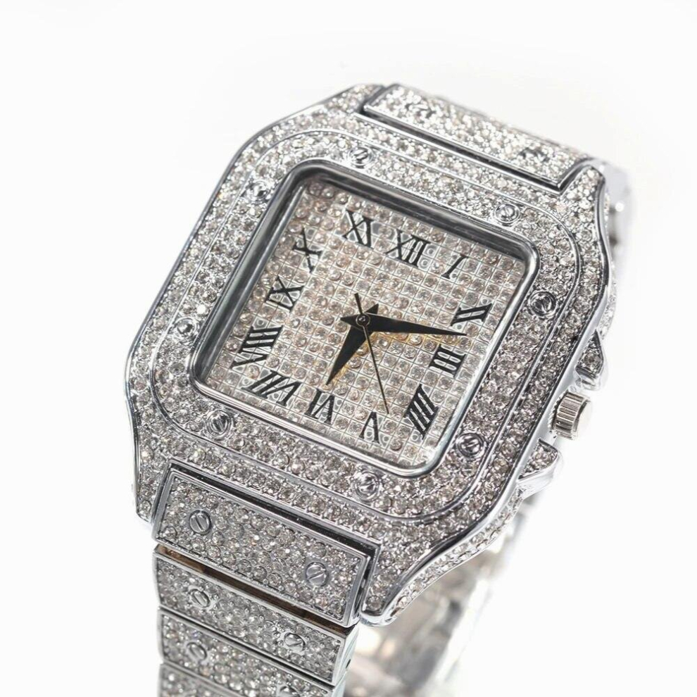 Hip Hop Full Iced Out Full Drill Men Square Watches Stainless Steel Rhinestones Quartz Square Business Watch-image-OPC-PCX7FWB-NEW