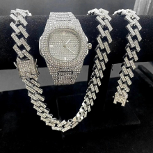3PCS Iced Out Watches for Men Cuban Link Chains Bracelet Necklaces Diamond Hip Hop Jewelry Set for Men's Wristwatch