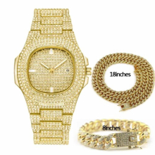 Hip Hop Jewelry Sets For Unisex Iced Out Diamond Watch for Women Mens Quartz Watches Clock Male Bracelet Necklace