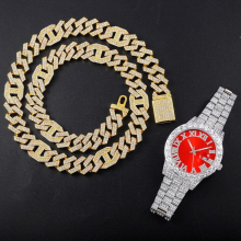 Watch Necklace For Men 2pcs/set Iced Out Watch Men Bling Cuban Chains Hip Hop Mens Watches Relojes Birthday Gift
