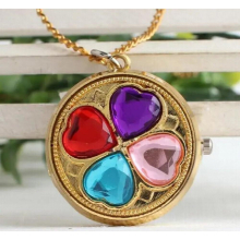 Japanese cartoon clover golden quartz 360 rotation children students Necklace pocket watches