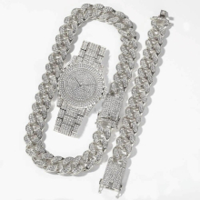 3PCS Mens Women Watches Jewelry Set Iced Out Watch Necklace Bracelet Bling Diamond Miama Cuban Link Chain Choker Watch Man