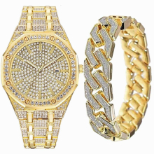 2pcs/set Watch Bracelet for Men Cuban Chain Charm Bracelet Iced Out Watch for Men Diamond Watch Set Hip Hop Jewelry